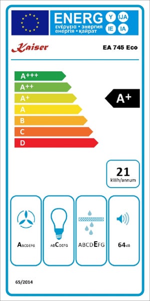 EU Energieeffizienzlabel fuer Dunstabzugshaube Kaiser EA 745 Eco mit Energieeffizienzklasse A plus und Jahresverbrauch von 21 Kilowattstunden.