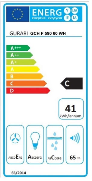 EU Energieeffizienzlabel für Gurari Dunstabzugshaube GCH F 590 60 WH mit Energieeffizienzklasse C und 41 Kilowattstunden pro Jahr Verbrauch.