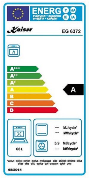 Energieeffizienzlabel für Backofen Kaiser EG 6372 mit Energieeffizienzklasse A und 68 Liter Garraumvolumen.