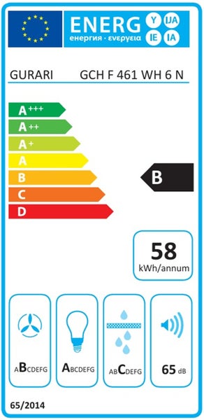 EU Energieeffizienzlabel für Gurari Dunstabzugshaube GCH F 461 WH 6 N mit Energieeffizienzklasse B und 58 Kilowattstunden pro Jahr