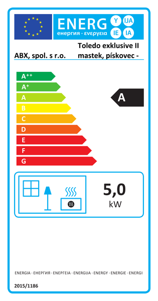 EU-Energieeffizienzlabel fuer Kaminofen ABX Toledo exklusive II mit Energieeffizienzklasse A und 5,0 Kilowatt Heizleistung.