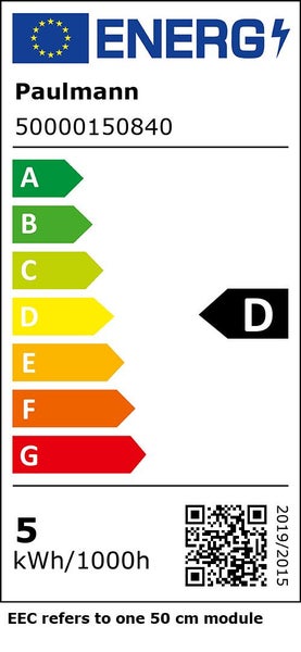 Paulmann Energielabel Modell 50000150840, Energieeffizienzklasse D, Energieverbrauch 5 Kilowattstunden pro 1000 Stunden.