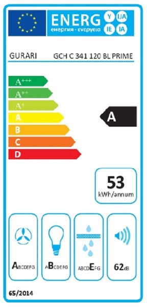 EU Energieeffizienzlabel für Gurari Dunstabzugshaube GCH C 341 120 BL PRIME mit Energieeffizienzklasse A und 53 Kilowattstunden pro Jahr.