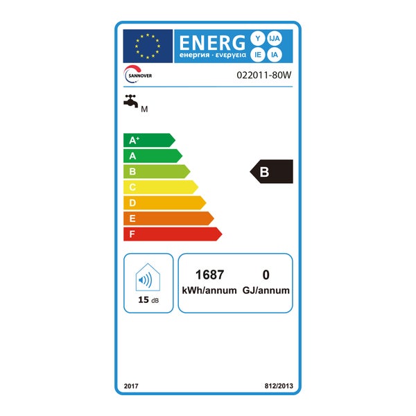 Europäisches Energielabel für Sannover 022011-80W, Energieeffizienzklasse B, 1687 Kilowattstunden pro Jahr, 15 Dezibel und Lastprofil M.