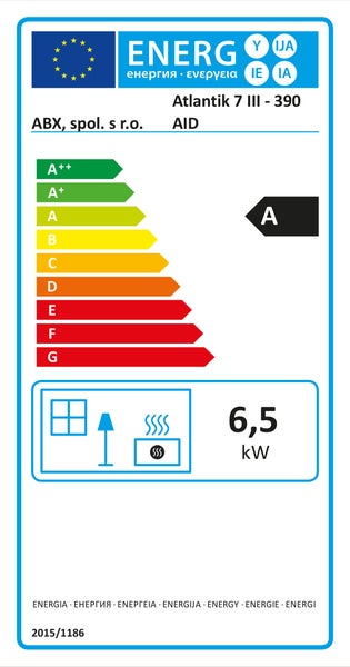 EU Energieeffizienzlabel für ABX Atlantik 7 III 390 Kaminofen mit Energieeffizienzklasse A und 6,5 Kilowatt Heizleistung.
