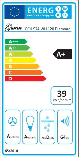 Gurari GCH 974 WH 120 Diamond Energielabel: Energieeffizienzklasse A plus, 39 Kilowattstunden pro Jahr, 64 Dezibel.
