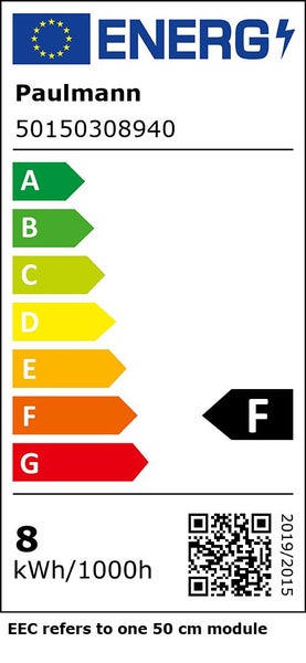 Paulmann Energielabel, Modell 50150308940, Energieklasse F auf einer Skala von A bis G, Verbrauch 8 Kilowattstunden pro 1000 Stunden.