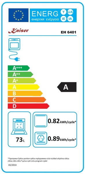Kaiser Backofen EH 6401 EU Energieeffizienzlabel mit Energieeffizienzklasse A und einem Nutzinhalt von 73 Litern.