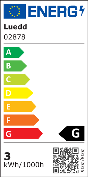 Europäisches Energielabel für Luedd Modell 02878, Energieeffizienzklasse G, 3 Kilowattstunden pro 1000 Stunden.