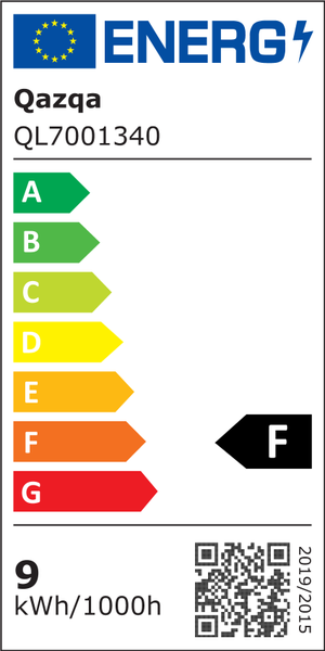EU-Energielabel für Qazqa QL7001340, Energieeffizienzklasse F auf einer Skala von A bis G, Verbrauch 9 Kilowattstunden pro 1000 Stunden.