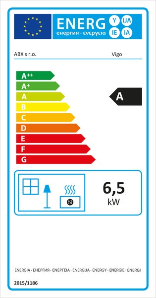 EU Energieeffizienzlabel für ABX Vigo Kaminofen mit Energieeffizienzklasse A und 6,5 Kilowatt Heizleistung.
