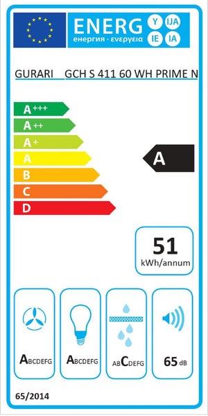 EU Energieeffizienzlabel für Gurari Dunstabzugshaube GCH S 411 60 WH PRIME N mit Energieeffizienzklasse A und 51 kWh pro Jahr Verbrauch.