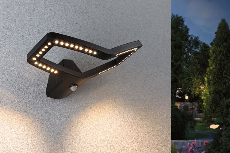 LED Außenwandleuchte Smart Home Zigbee 3.0 Alara Dämmerungsgesteuerter Bewegungsmelder (IR) IP44 eckig 375x270mm RGBW+ 10W 450lm 230V Anthrazit Metall