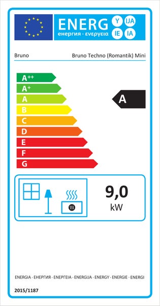 EU Energielabel für Bruno Techno Romantik Mini, Energieeffizienzklasse A, Wärmeleistung 9,0 Kilowatt.