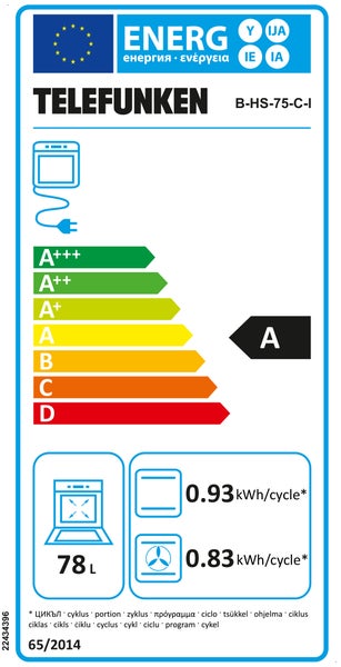 Energielabel für Telefunken Backofen mit Energieeffizienzklasse A und einem Volumen von 78 Litern