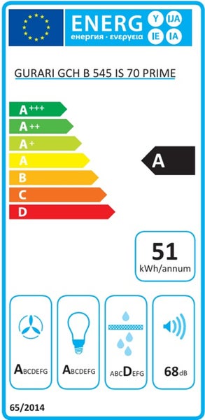 EU Energieeffizienzlabel der Dunstabzugshaube Gurari GCH B 545 IS 70 Prime mit Energieeffizienzklasse A und 51 Kilowattstunden pro Jahr.