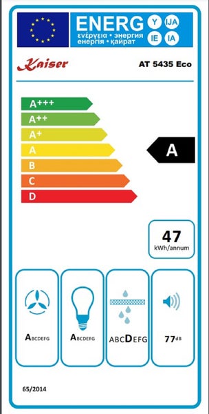 EU Energieeffizienzlabel für Kaiser AT 5435 Eco Dunstabzugshaube mit Energieeffizienzklasse A und 47 Kilowattstunden pro Jahr.
