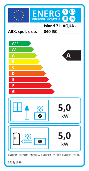 EU Energieeffizienzlabel für Kaminofen ABX Island 7 II AQUA mit Energieeffizienzklasse A und 5,0 Kilowatt Heizleistung.