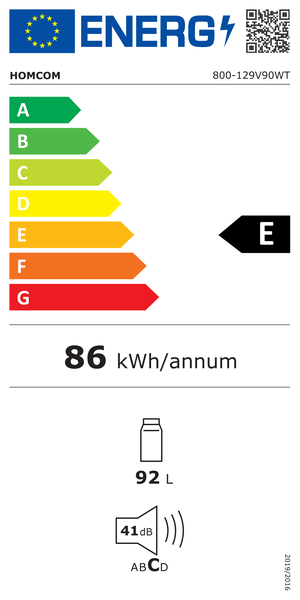 EU-Energielabel für HOMCOM 800-129V90WT. Energieeffizienzklasse E. Energieverbrauch 86 Kilowattstunden pro Jahr. Volumen 92 Liter. Geräuschwert 41 Dezibel, Klasse C.