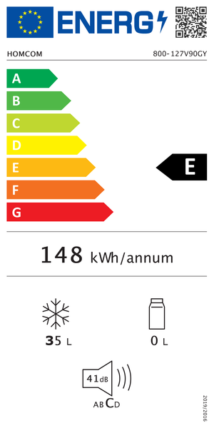 Europäisches Energielabel für HOMCOM 800-127V90GY, Energieeffizienzklasse E, 148 Kilowattstunden pro Jahr, 35 Liter Gefrierfach, 41 Dezibel.