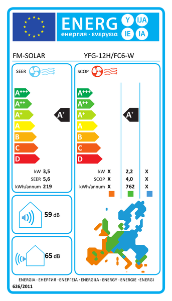 Europäisches Energielabel für FM-SOLAR Klimaanlage YFG-12H/FC6-W. Energieeffizienzklasse Kühlen A plus, Heizen A plus. Schallleistung innen 59 Dezibel, außen 65 Dezibel.