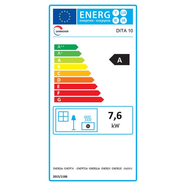 EU Energieeffizienzlabel für Sannover Dita 10 mit Energieeffizienzklasse A und 7,6 Kilowatt Heizleistung.