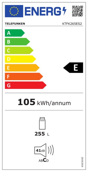 Telefunken Energielabel mit der Energieeffizienzklasse E, einem jährlichen Energieverbrauch von 105 Kilowattstunden, einem Nutzinhalt von 255 Litern und einem Geräuschpegel von 41 Dezibel