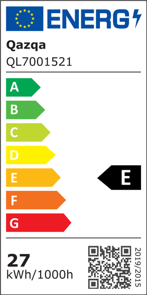 EU Energieeffizienzlabel der Klasse E für Qazqa Modell QL7001521 mit einem Verbrauch von 27 Kilowattstunden pro 1000 Stunden