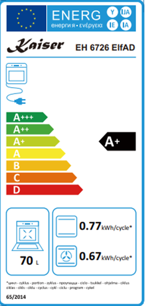 EU Energielabel für Kaiser Backofen EH 6726 ElfAD mit Energieeffizienzklasse A plus und 70 Liter Garraumvolumen.