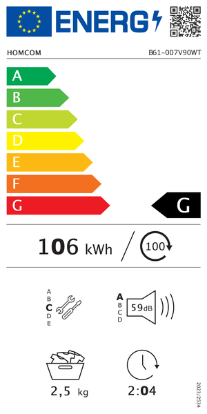EU-Energielabel für Homcom B61-007V90WT, Klasse G, 106 Kilowattstunden pro 100 Zyklen, 2,5 Kilogramm Kapazität, 59 Dezibel Geräuschpegel.