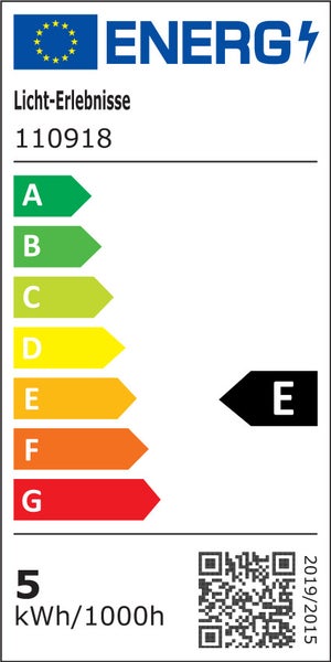 Energieeffizienzlabel fuer Licht Erlebnisse Modell 110918 mit Energieeffizienzklasse E und einem Verbrauch von 5 kWh pro 1000 Stunden.