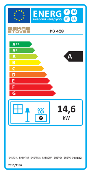 Europäisches Energielabel für Gekas Stoves Modell MG 450, Energieeffizienzklasse A, Wärmeleistung 14,6 Kilowatt.