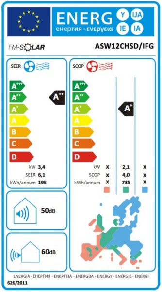 EU-Energielabel für FM-Solar Klimaanlage ASW12CHSD/IFG mit Effizienzklassen A plus plus für Kühlen und A plus für Heizen.