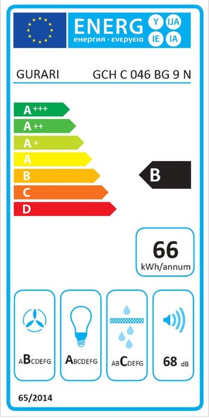 Energieeffizienzlabel fuer Gurari Dunstabzugshaube GCH C 046 BG 9 N mit Klasse B und 66 Kilowattstunden pro Jahr Verbrauch.