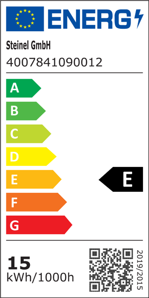 Europäisches Energielabel von Steinel GmbH für Modell 4007841090012. Energieeffizienzklasse E, 15 Kilowattstunden pro 1000 Stunden.