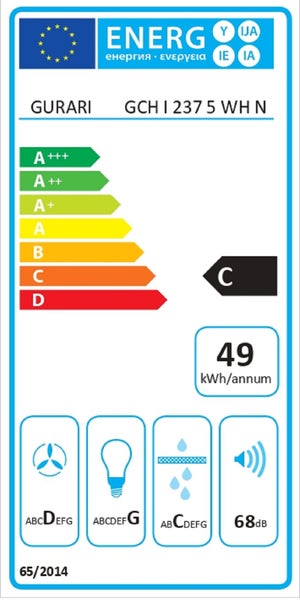EU Energieeffizienzlabel für Gurari Dunstabzugshaube GCH I 237 5 WH N mit Energieeffizienzklasse C und 49 kWh pro Jahr Energieverbrauch.