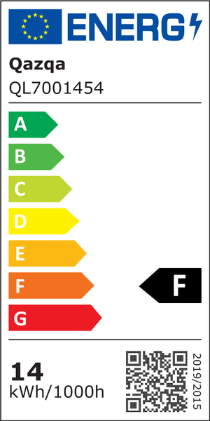 Europäisches Energielabel für Qazqa Modell QL7001454, Energieeffizienzklasse F, Energieverbrauch 14 Kilowattstunden pro 1000 Stunden.