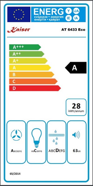EU Energieeffizienzlabel fuer Kaiser AT 6433 Eco Dunstabzugshaube mit Energieeffizienzklasse A und 28 Kilowattstunden pro Jahr Verbrauch.