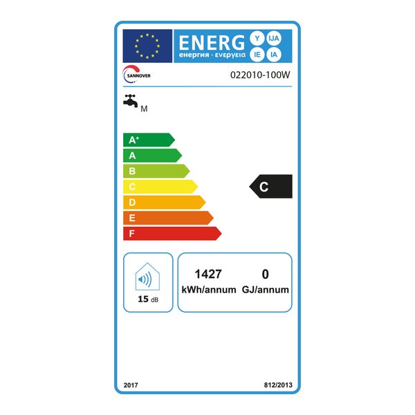 Sannover Logo, europäisches Energielabel Modell 022010-100W, Klasse C, Lastprofil M, 15 Dezibel, 1427 Kilowattstunden pro Jahr.