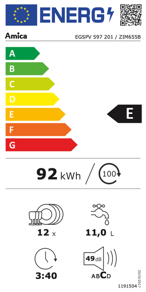 Amica Energielabel mit der Energieeffizienzklasse E, einem jährlichen Energieverbrauch von 92 Kilowattstunden, einer Kapazität von 12 Maßgedecken, einem Wasserverbrauch von 11 Litern pro Spülgang, einer Programmdauer von 3 Stunden 40 Minuten und einem Geräuschpegel von 49 Dezibel