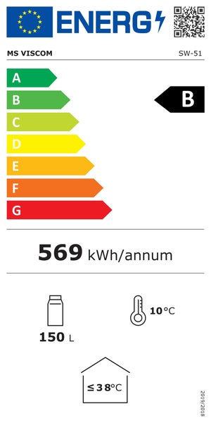 Energielabel mit Energieeffizienzklasse B, einem jährlichen Energieverbrauch von 569 Kilowattstunden, einem Volumen von 150 Litern und einer maximalen Betriebstemperatur von 38 Grad.