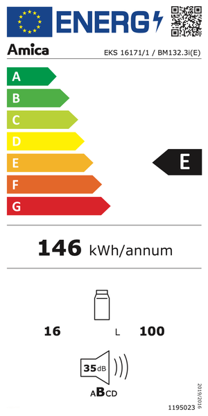 Amica Energielabel EKS 16171/1 / BM132.3i(E) mit Energieeffizienzklasse E, einem jährlichen Energieverbrauch von 146 kWh, einem Volumen von 16 Litern und einem Geräuschpegel von 35 dB