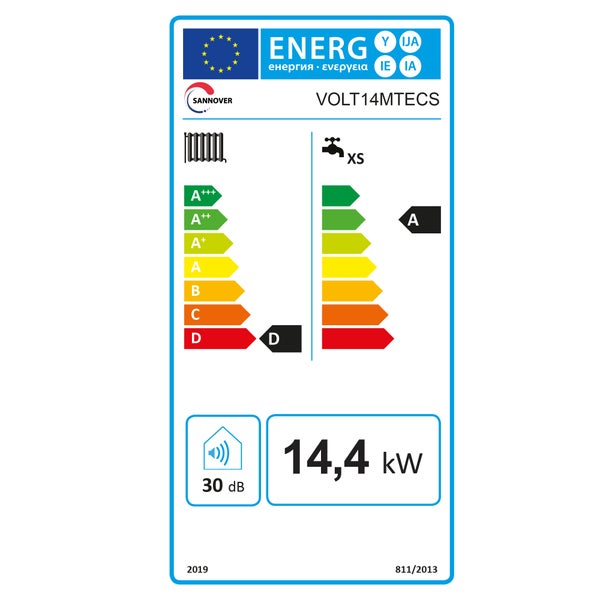 Europäisches Energielabel für Sannover VOLT14MTECS: Raumheizung Klasse D, Wassererwärmung Klasse A, Lastprofil XS, 14,4 Kilowatt, 30 Dezibel.