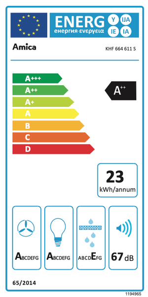 Amica Energielabel mit Energieeffizienzklasse A++, jährlichem Energieverbrauch von 23 Kilowattstunden pro Jahr und einem Geräuschpegel von 67 Dezibel