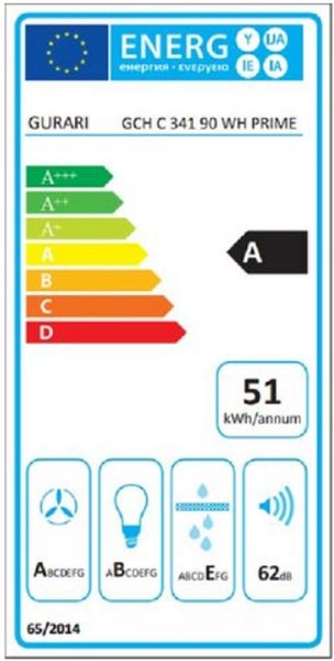 EU Energieeffizienzlabel für Gurari Dunstabzugshaube GCH C 341 90 WH Prime mit Energieeffizienzklasse A und 51 Kilowattstunden pro Jahr