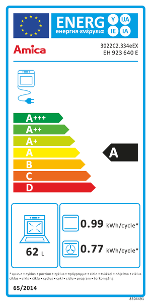 Amica Energieetikett für Backofen mit Energieeffizienzklasse A, 62 Liter Volumen und Stromverbrauch pro Zyklus