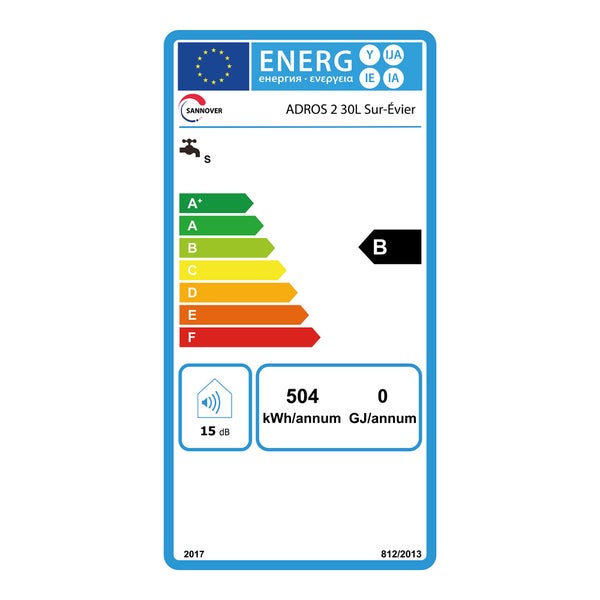 EU-Energielabel für Sannover Warmwasserspeicher ADROS 2 30L Sur-Évier, Energieeffizienzklasse B, 504 Kilowattstunden pro Jahr, 15 Dezibel.