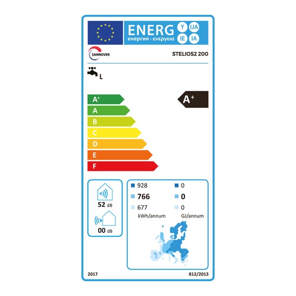 EU-Energielabel für Sannover STELIOS2 200, Energieeffizienzklasse A plus, Lastprofil L, Schallleistungspegel 52 Dezibel.