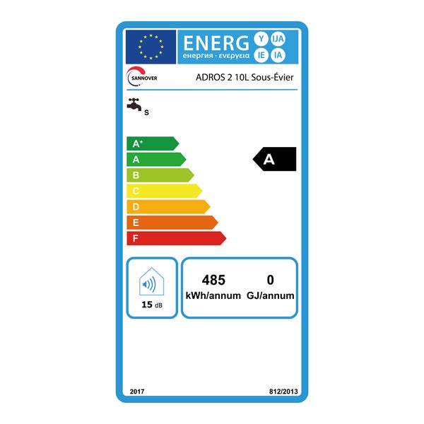 EU-Energielabel für Sannover ADROS 2 10L Untertisch-Warmwasserspeicher, Energieeffizienzklasse A, 485 Kilowattstunden pro Jahr, 15 Dezibel.