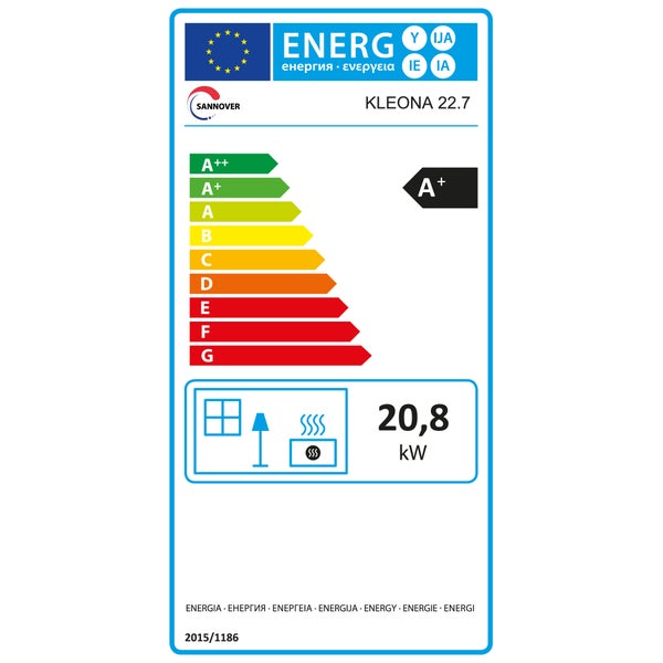 EU Energielabel für Sannover Kleona 22.7, Energieeffizienzklasse A plus, Leistung 20,8 Kilowatt.